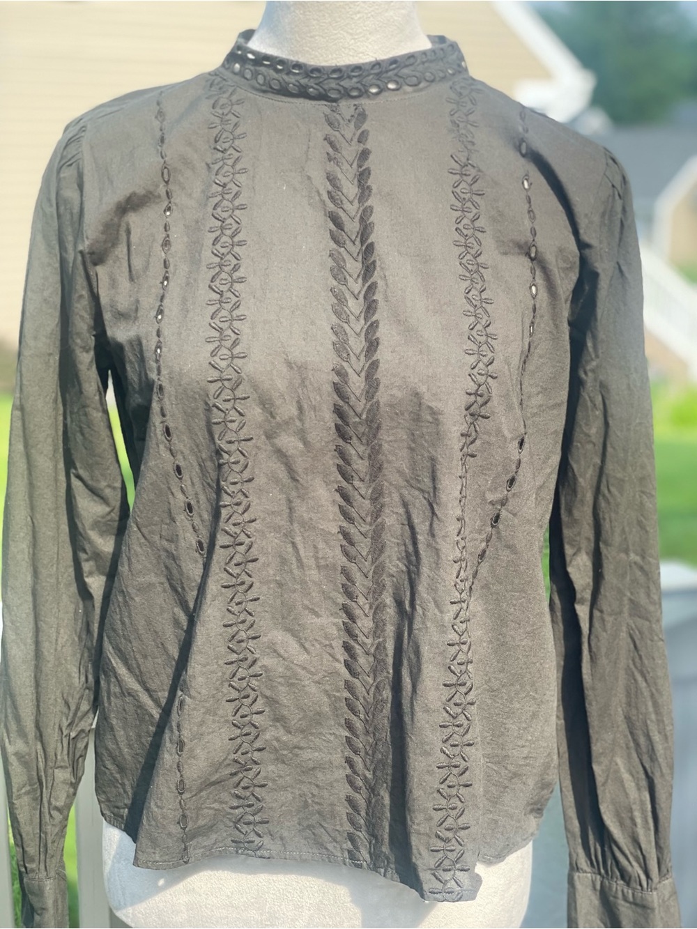 LOFT Army Green Embroidered Long-Sleeve Blouse